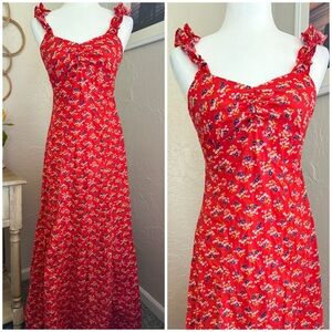 Vintage 70s Red Floral Long Maxi Cottage Core Prairie Dress